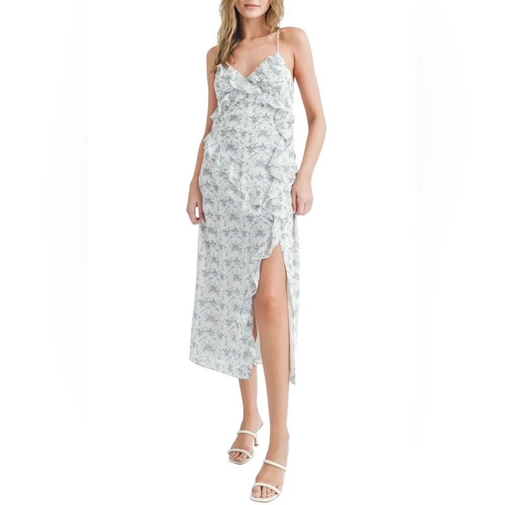 NWT All in Favor Nordstrum Floral Print Ruffle blue Midi Dress size xl spring